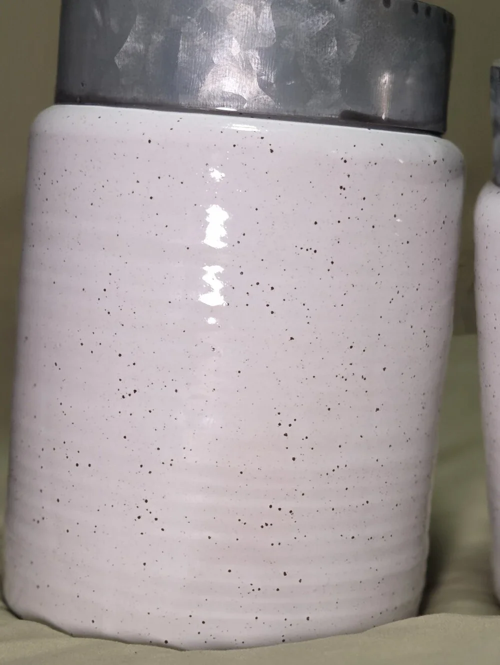 Set of 3 White Speckled Ceramic Canisters w/ Galvanized Metal Lids Farmhouse Kit